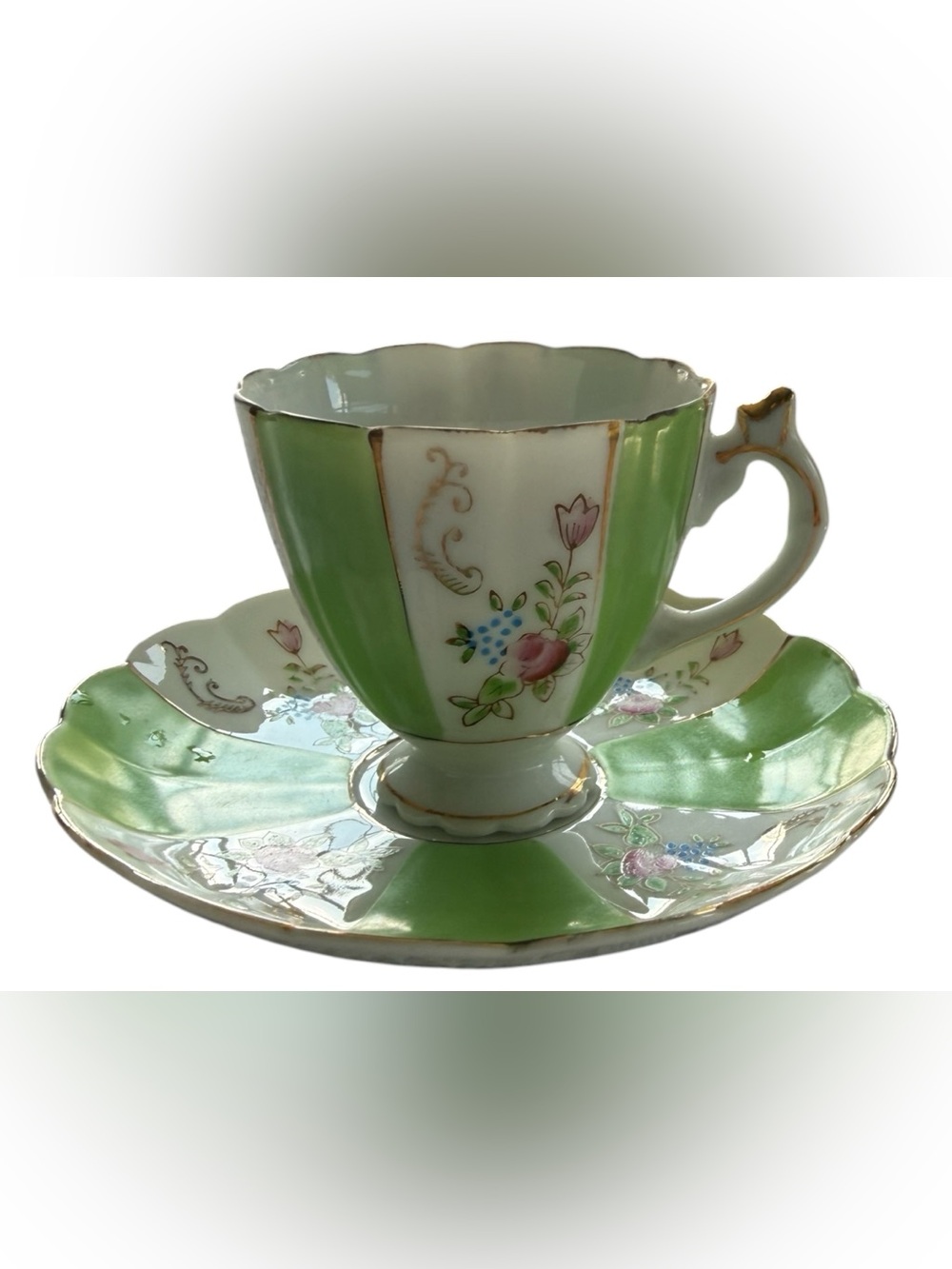 Vintage Demitasse Cup Saucer Set Made in Japan Green Panel Floral Gold Trim